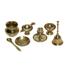 Juego de Pooja Thali de latón de diseño novedoso, hecho a mano y a mano, Puja Thali, tradicional para Pooja Arti, artículo religioso indio - Product Image 3