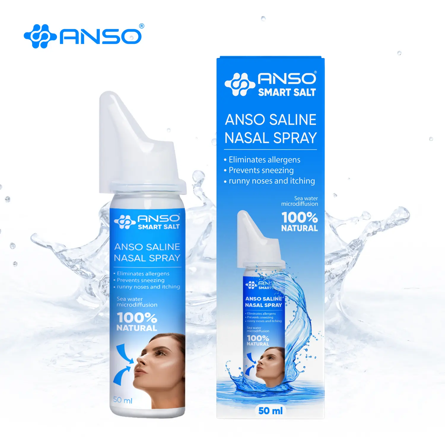 ANSO Spray Nasal 50ml, Enxaguamento Nasal Confortável, Congestão Nasal, Frio, Alergia, Irrigação Nasal, Best seller 2023