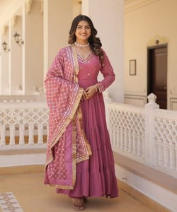 Pakistani Indian Women Autumn <b>Lace</b> Floor-Length A-Line Office Elegant Sexy <b>Pink</b> Gown with Dupatta - Product Image 2