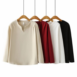 Camiseta de Moda Otoñal para Mujer, Talla Grande, Cuello en V, Manga Larga, Básica, Transpirable, de Jersey, Holgada, Color Sólido - Product Image 6