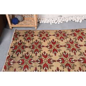 พรมตุรกีโบราณสีเบจสีแดงขนาด4.6x7.9ฟุตงานเย็บปะแบบคลาสสิกงานเย็บปะติดปะต่อวัสดุขนสัตว์ด้านหลังสำหรับใช้ชีวิตขนาด10มม. - Product Image 5