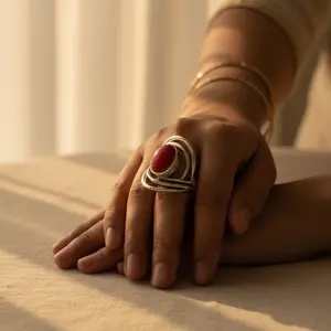 Anillo Abierto de Plata 925 con Piedra de Coral Rojo, Joyería Elegante para Mujer, Incrustaciones con Baño de Oro de 18K - Product Image 3