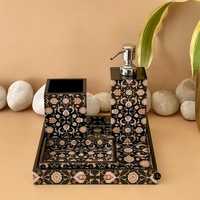 Ensemble d'accessoires de salle de bain rectangulaires en résine écologique quatre pièces : distributeur de savon, porte-brosse à dents, boîte à mouchoirs, poubelle - Tout inclus