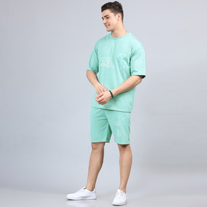 Conjunto de Camiseta y Pantalones Cortos Verde Menta para Hombre, Cuello Redondo, Algodón Tejido, Estilo Casual de Verano, 2 Piezas, Impresión por Transferencia de Calor, Marca INDEX APPAREL - Product Image 2