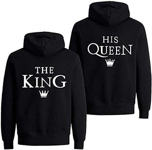 Sudadera con Capucha a Juego para Parejas, Modelo The King His Queen, Unisex, de Algodón, Estampada, Informal, Negra, Corte Regular, Estilo Otoñal - Product Image 1