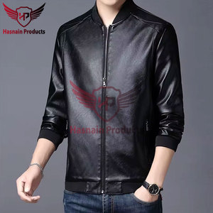 <b>Mens</b> Real Tan <b>Leather</b> Bomber <b>Jacket</b> Black Rib Collar Zip Side Pockets Sheepskin Camel Flight Coat Custom Brown Winter Outerwear - Product Image 5