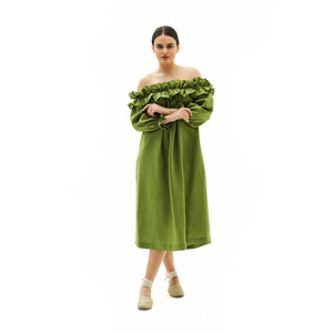 Atractivo Vestido Maxi Verde de Verano para Fiesta, Vestido Maxi de Algodón Verde Esmeralda con Hombros Descubiertos para Mujer - Product Image 1