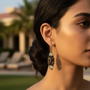 Boucles d'oreilles pendantes en or plaqué avec pierres précieuses pour femmes, bijoux de mode tendance - Product Image 2