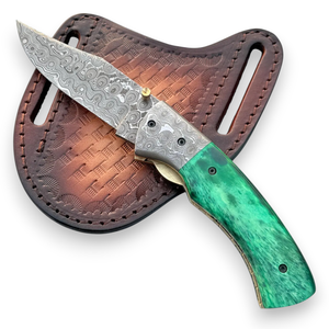 Couteau pliant en acier Damas de fabrication nordique, verrouillage interne, manche en résine, étui en cuir, 8 pouces, qualité industrielle, pointe tombante, couteau de poche EDC - Product Image 2