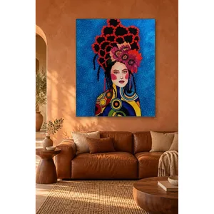 Fida, femme avec couronne de fleurs rouges et cheveux tressés, impression sur toile - Product Image 1