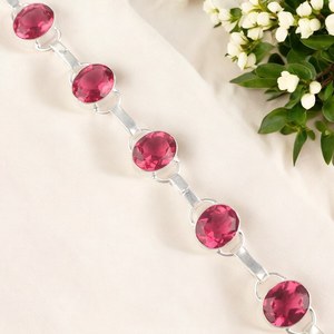 Pulsera de Plata de Ley con Circonita Rosa, Gema Facetada, Joyería de Lujo Hecha a Mano, Ajustable de 9 Pulgadas, Regalo de Aniversario para Mujer - Product Image 6