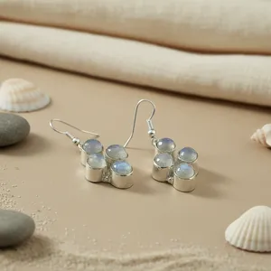 Flower Shape Moonstone Drop Earrings <b>Silver</b> Plated Women's Classic Jewelry Bezel Setting Alloy <b>Wedding</b> IGI Certified - Product Image 1