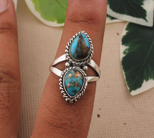 Bague en argent sterling 925 faite à la main double turquoise pierre précieuse classique coupe ovale bijoux bohème vintage pour unisexe - Product Image 1