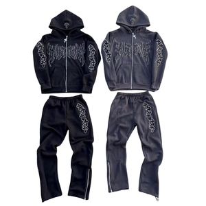 Trending Winter Unisex Custom Digital Embroidered Plaid Oversized Flared <b>Hoodies</b> 100% Cotton Fleece <b>Zip</b> <b>Pocket</b> Washed Techniques - Product Image 1