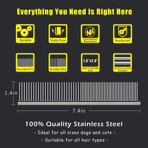 Peine de aseo de acero inoxidable de alta calidad OEM al por mayor dientes redondeados agarre antideslizante para perros de pelo largo y corto gatos Simple - Product Image 3