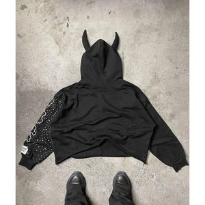 เสื้อฮู้ด Black Devil Horn พร้อมแขนเสื้อปักลายขาวแบบนามธรรม กันน้ำ สไตล์สตรีทแวร์ ทรงปกติ ผ้าฝ้าย 100% เสื้อกันหนาวแบบสวม - Product Image 3