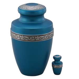 Urna Funeraria Grande Azul con Grabado Floral y Espacio para Recuerdo, Urna Metálica para Guardar Cenizas de Seres Queridos, Proveedor de Artículos Funerarios - Product Image 1