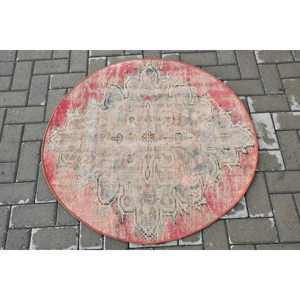 Vintage Turkish Rug 3.2x3.3 ft, <b>Red</b> Floral <b>Wool</b> Rug - Product Image 3