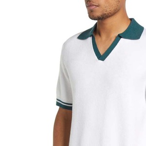 Polo de Punto Blanco para Hombre con Ribete Verde, Manga Corta, Casual, de Algodón, Color Sólido, con Cierre de Cremallera de un Cuarto - Product Image 3