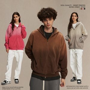 Vente en gros Cardigan rétro à capuche avec logo personnalisé Motif imprimé de haute qualité Manteau surdimensionné lavable à l'eau pour femmes et hommes - Product Image 3