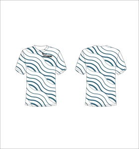 T-shirt personnalisé à manches courtes par sublimation, vêtement de sport léger avec motif abstrait à rayures ondulées bleu sarcelle foncé et blanc, vente en gros - Product Image 1