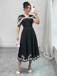 Tunique à col en V Robe longue décontractée pour femme à manches courtes 100% coton Taille naturelle lavable Noir - Product Image 3