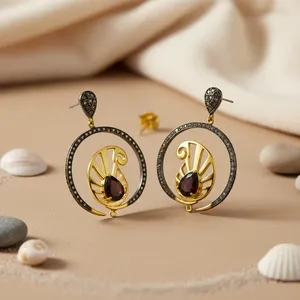 Boucles d'oreilles en filigrane plaqué or avec grenat pour femmes, bijoux tendance, motif floral, mariages, fêtes, cadeaux SKU AGER-22552 - Product Image 3