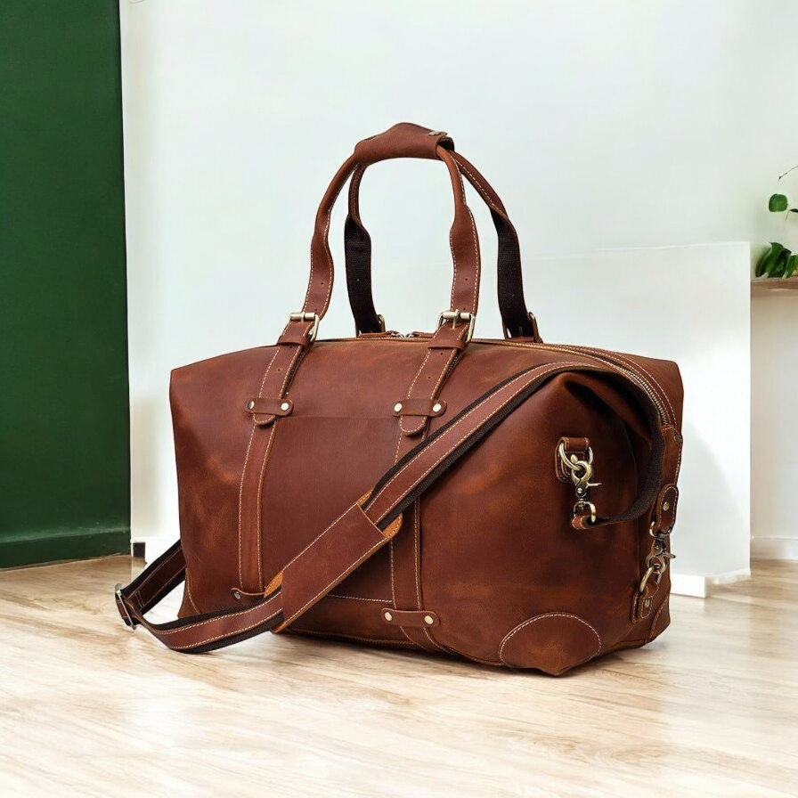 Vintage Full Grain Leather Travel Duffel Bag Carry on Luggage with Zipper Closure Portable Unisex