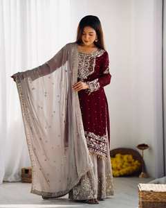 Traje Sharara Tradicional de Diseñador para Mujer con Salwar Kameez, Dupatta y Top-Palazzo, Estilo Étnico Indio Pakistaní, de Secado Rápido, para Fiesta y Eid - Product Image 2