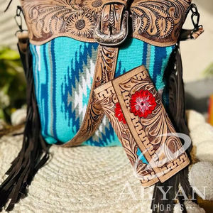 Nouvelle mode couverture de selle en cuir usiné à la main sac à main à pompons portefeuille floral en cuir sculpté à la main élégant ensemble combiné pour femmes - Product Image 1