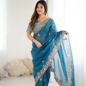 ชุดส่าหรีผ้าไหมเนื้อนุ่มดีไซเนอร์ชาวอินเดียพร้อมด้วยการปักลวดลายสวยงามสำหรับงานแต่งงานงานแต่งงานส่าหรีสไตล์การออกแบบดั้งเดิม - Product Image 1