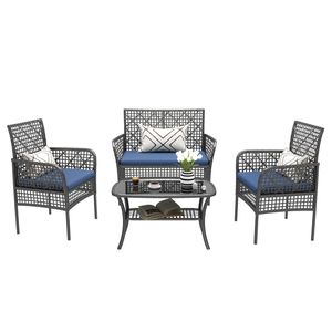 New 4-Piece Outdoor <b>Patio</b> Furniture <b>Set</b> PE Rattan Wicker Garden Conversation Chairs with Tempered Glass Table - Product Image 4