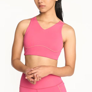 ชุดโยคะผู้หญิงสีชมพู กางเกงเลกกิ้งเอวสูง เสื้อครอปคอวีแบบ Racerback ชุดออกกำลังกายไร้รอยต่อแบบเต็มตัว ชุดกีฬาสำหรับออกกำลังกายในยิม - Product Image 5