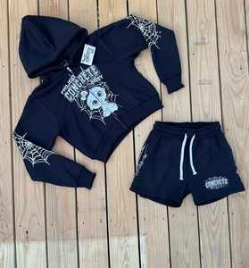 Venta al por mayor de sudadera con capucha con logotipo personalizado 360g algodón de peso pesado estampado de diamantes de imitación de gran tamaño bordes desgastados Sudadera con capucha informal con cremallera para hombres - Product Image 4