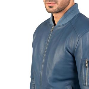 Chaqueta de Cuero Azul Personalizable de Alta Calidad para Invierno, Chaqueta Elegante con Cuello Alto de Lona, Servicios Profesionales OEM para Hombre - Product Image 5