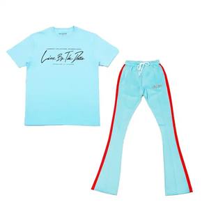 Camiseta unisex, conjuntos de pantalones de chándal acampanados, venta al por mayor, chándal para correr, Camiseta con estampado de pantalla personalizado y conjunto de pantalones lavados con ácido para hombres - Product Image 4