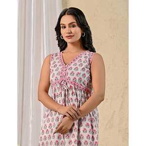 Vestido de Algodón Mulmul con Estampado Butti Blanco y Rosa, Elegante, Cintura Imperio, Transpirable, Casual, Talla Única XS, para Club, Días Festivos - Product Image 1