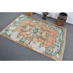 Alfombra de área con respaldo de látex de lana turca Vintage 4,1X5,9 pies naranja verde diseño de retazos para decoraciones de sala de estar - Product Image 4