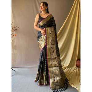 Sari en soie tissée noire agréable avec un chemisier pour les occasions de mariage - Product Image 4