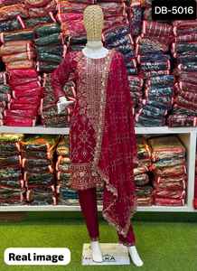 ชุดสูทสไตล์อินเดียและปากีสถานสำหรับผู้หญิงสไตล์ salwar kameez พร้อมด้วยผ้าจอร์เจียเทียมแท้ Dupatta งานออกแบบลำดับ - Product Image 5