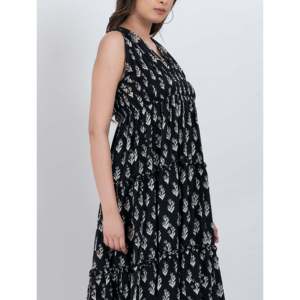 Vestido Midi Negro Floral con Cuello en V sin Mangas para Mujer, de Algodón Elástico, Corte Imperio, Transpirable, Estilo Fiesta para Club Nocturno - Product Image 3