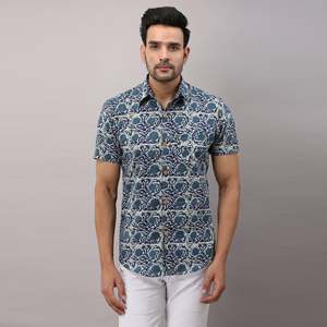 Men's Casual Blue Floral Cotton <b>Shirt</b> Regular Fit Mandarin Collar Breathable Poplin Fabric Size XL for Autumn Winter Season - Product Image 2