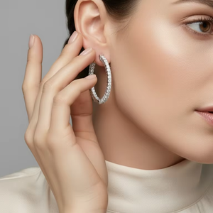 Boucles d'oreilles créoles pour femmes en or 14 carats et diamants naturels de forme ovale, 4,00 carats de diamants à l'intérieur et à l'extérieur - Product Image 5