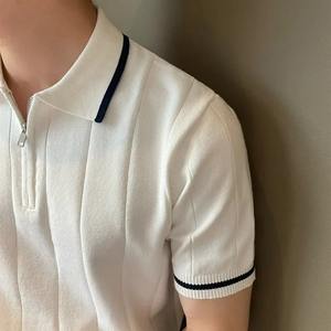 2024 Summer Korean Style Men's 100% Cotton Half <b>Zip</b>-<b>up</b> Casual Knitted for <b>Polo</b> Shirt Short Sleeves Lapel Breathable Trendy - Product Image 1
