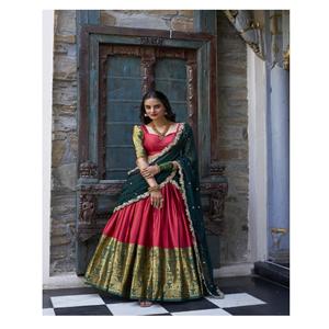 Moderne Narayan Pattu Silk Lehenga Zari Work Georgette Sequins Dupatta 3.5M Flair Zip Closure pour les fêtes de mariée Wear - Product Image 1