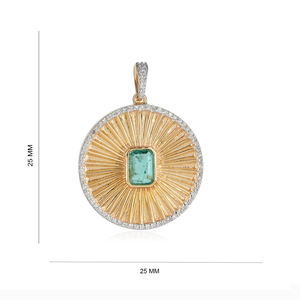 Esmeralda piedra preciosa pavé diamante 14K oro amarillo hecho a mano colgante redondo joyería al por mayor - Product Image 1