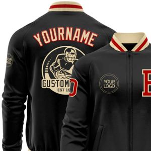 OEM fabricación personalizada al por mayor negro rojo-oro bombardero Varsity Letterman chaqueta con cremallera - Product Image 6
