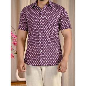Chemise à manches courtes en coton 100% imprimé floral violet, tissu popeline respirant, robe décontractée, offre ODM - Product Image 2