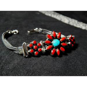 925 Sterling Silver Natural Turquoise and Coral Fine <b>Charm</b> <b>Bracelet</b> Gift <b>for</b> <b>Girls</b> and Women - Product Image 2