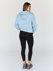 Sudadera con capucha corta para mujer, azul claro liso, manga larga, de algodón tejido, para otoño, con cremallera frontal, estilo oversize - Product Image 3
